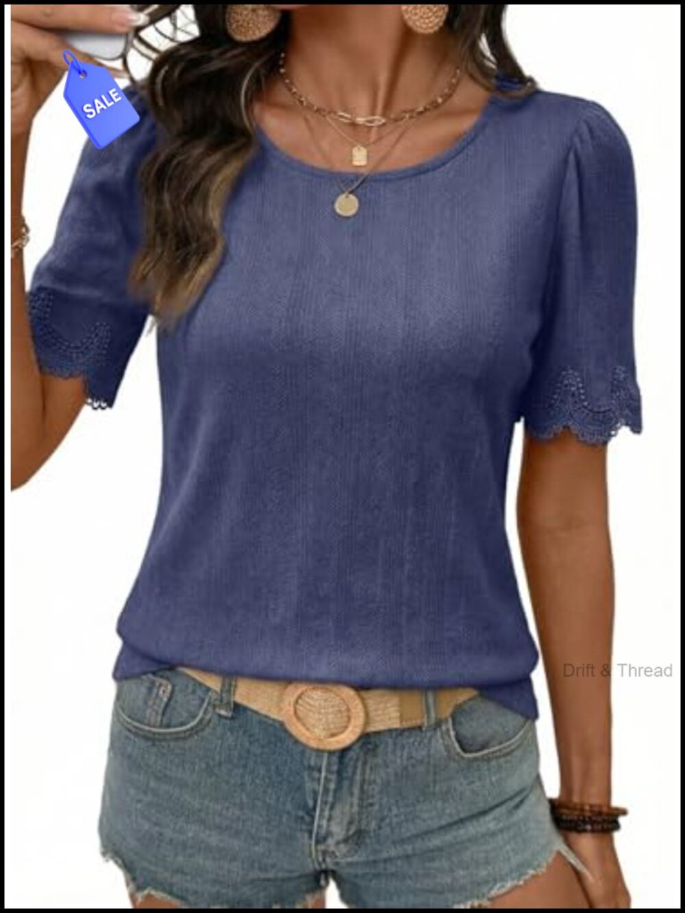 Hollow Out Lace Trim Short Sleeve Crewneck Loose Fit Knit T-Shirt